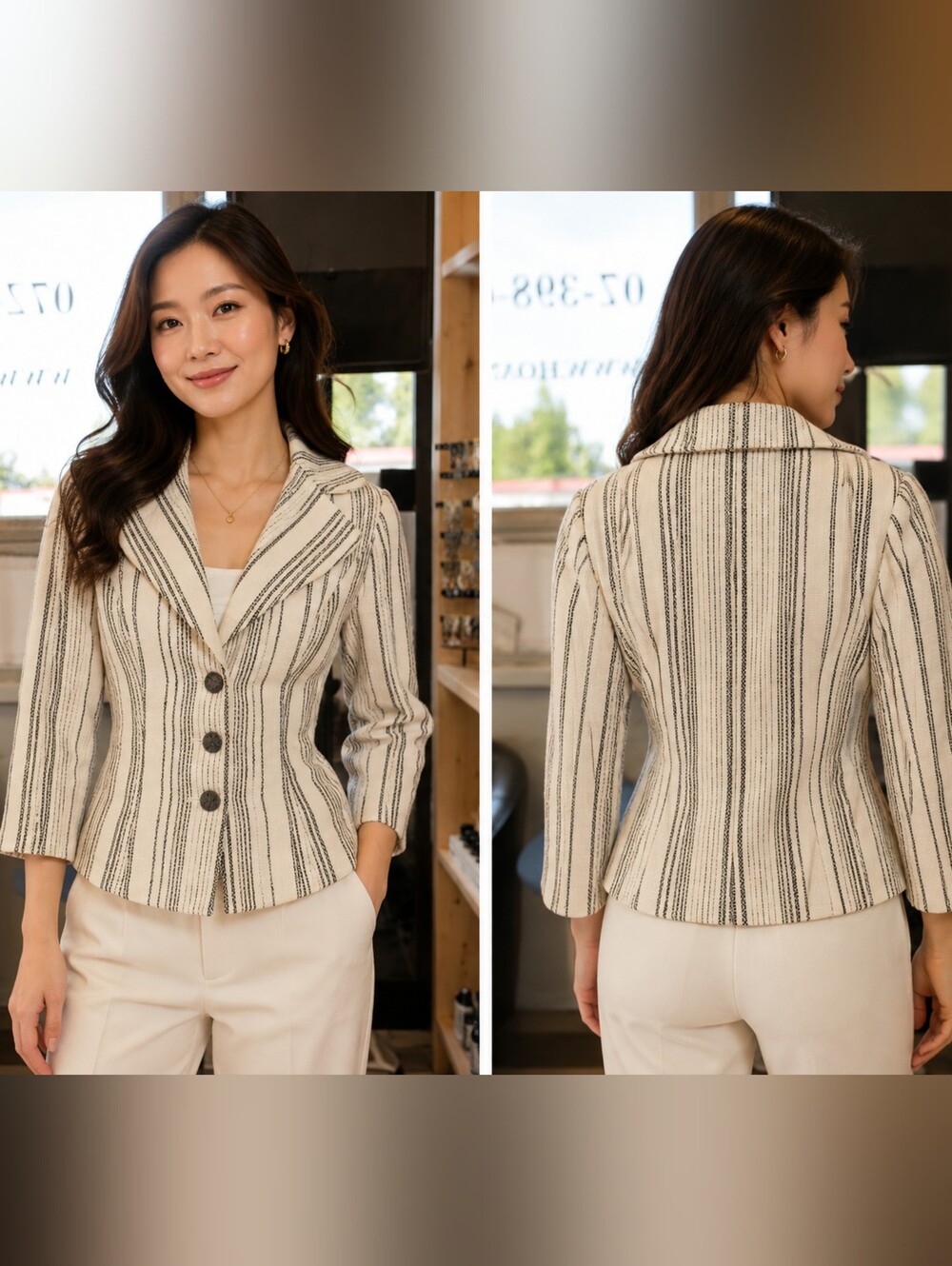 White House Black Market Cream and Black Striped Tailored Blazer